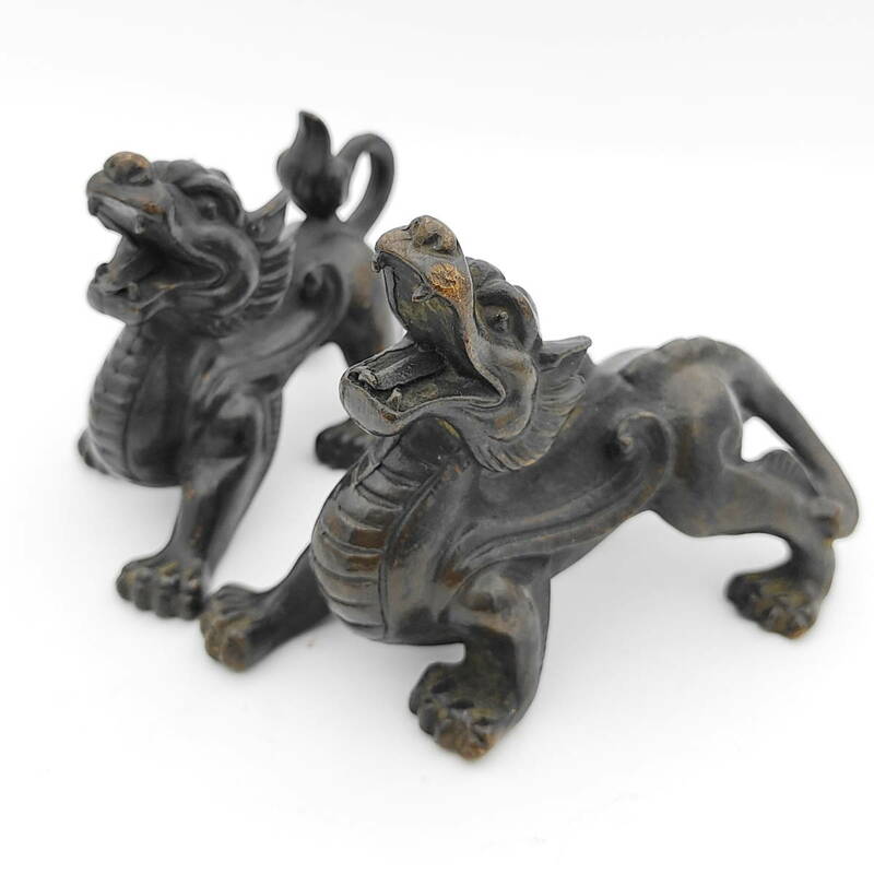 旧藏 中國 清代 銅製 神獣貔貅一対 瑞獣 中国古美術 時代物 極細工 置物 賞物 擺件 唐物 鎮宅 招財 祈福
