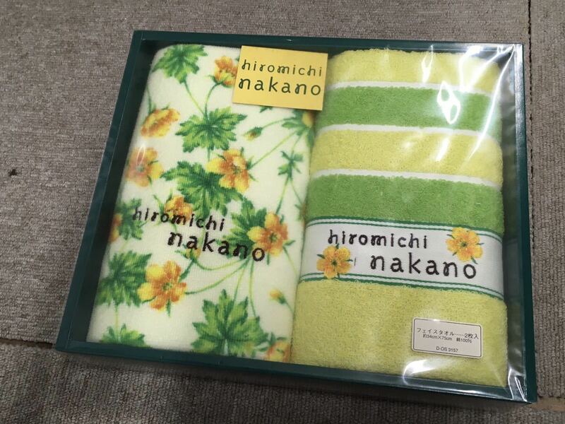 N タオル6】hiromichi nakano ヒロミチ ナカノ フェイスタオル 2枚セット 34ｃｍ×75ｃｍ 綿100％ 花柄 イエロー グリーン 黄 緑 現状