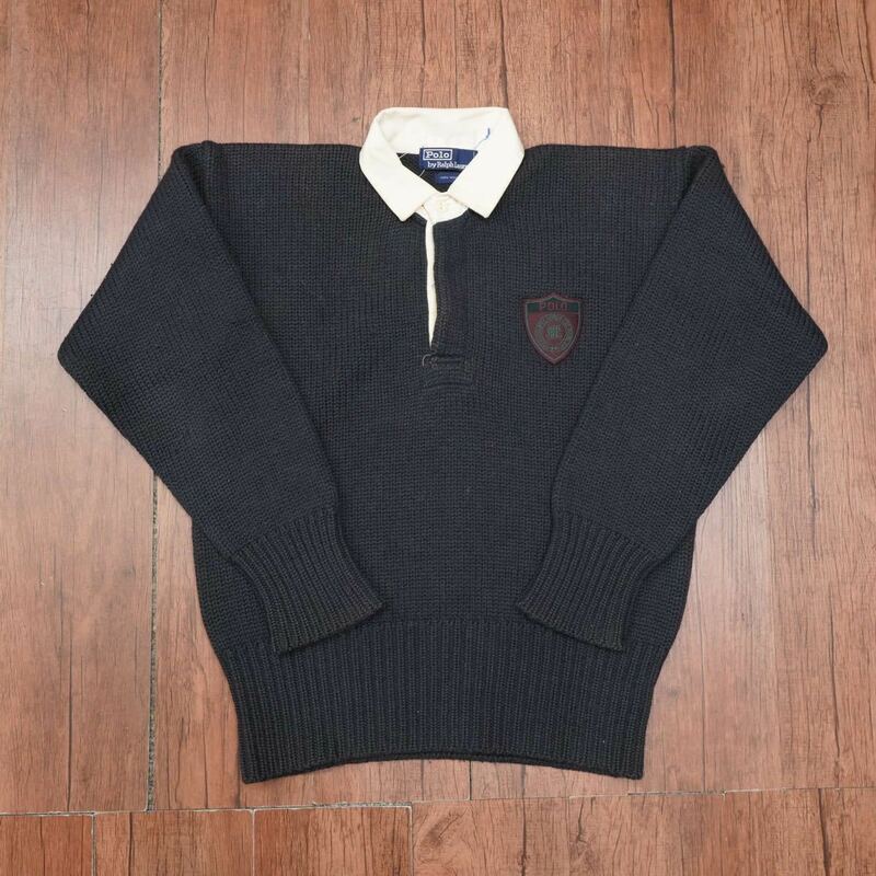 90s ralphlauren ウール　ニット　ラガーシャツ　M/ラルフローレン　セーター