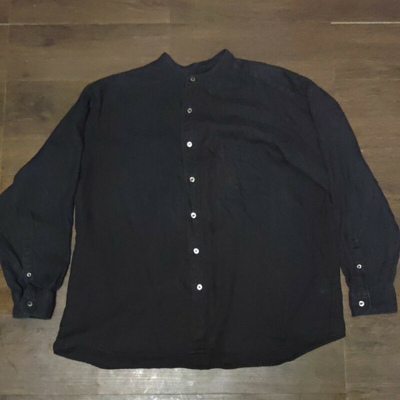 ソフネットバンドカラーシャツ長袖シャツ　リネン　麻　ビッグシルエット　黒　ブラック　M