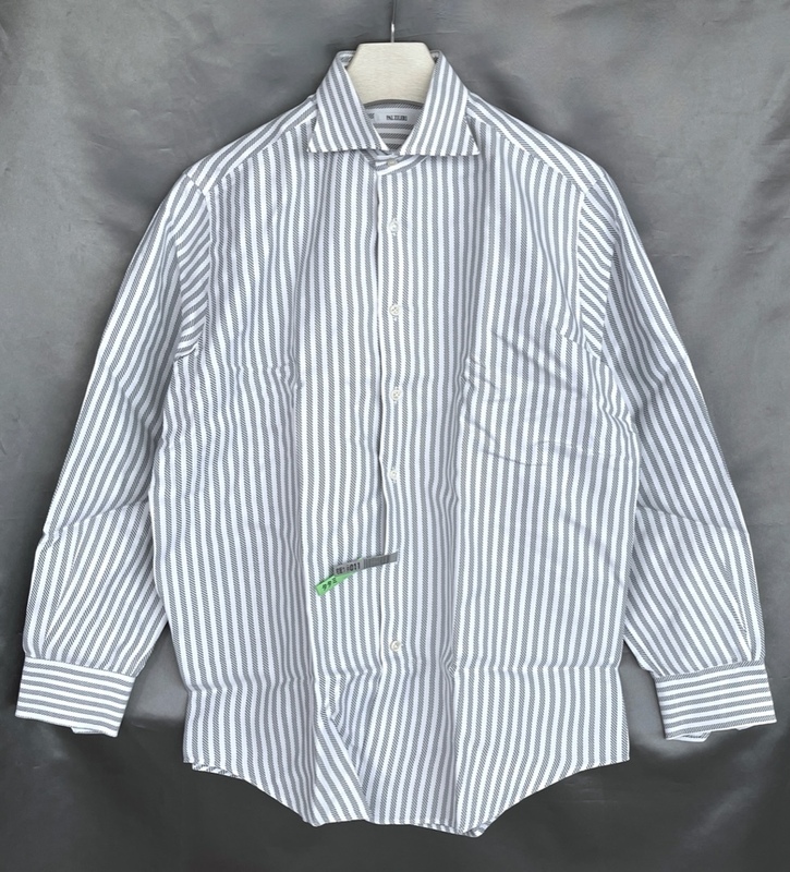 美品 上質 PALZILERI パルジレリ 長袖シャツ メンズ42 16 1/2 ドレスシャツ 光沢 ハリのある生地 白グレー イタリア製 クリーニング済 D501