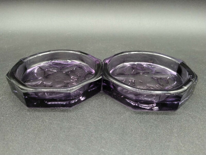 アンティーク プレスガラス コースター 2個 八角 豆皿 ガラス皿 【2-b】