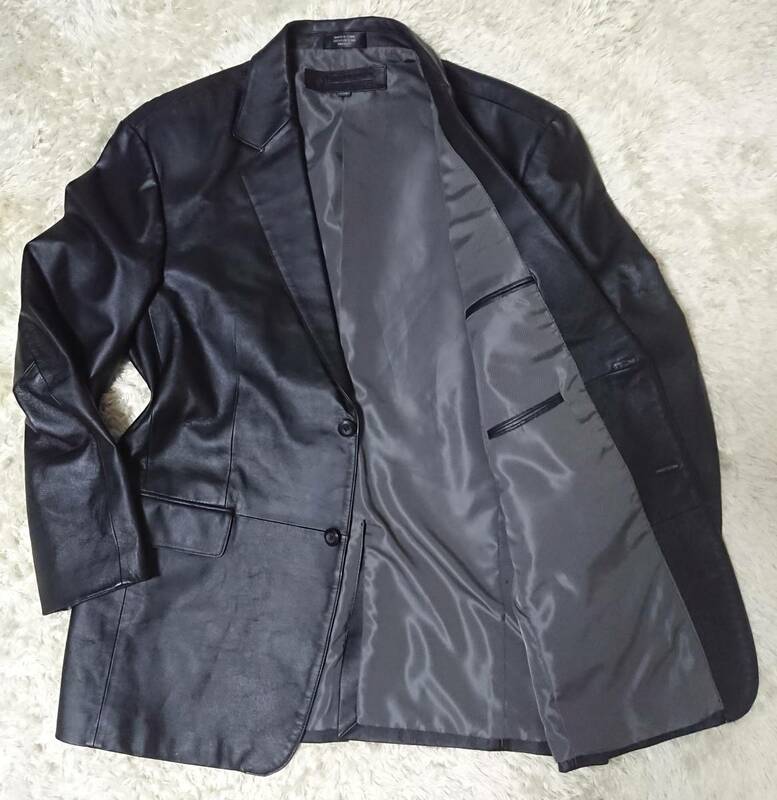 スタッフォード STAFFORD レザー テーラードジャケット genune leather 本革・牛革 無地 黒 L ２つボタン オーバーサイズ