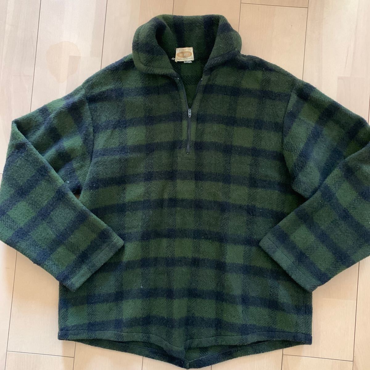 60s-70s【MR.WITT】ウール ハーフジップ プルオーバー シャツ チェック オリーブ×ブラック Mサイズ 長袖 ビンテージ vintage Talon zip
