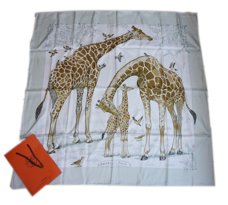 極上品 エルメス スカーフ CARRE90 キリン 親子 モスグリーン系 シルク　 Les girafes ロベール・ダレ氏