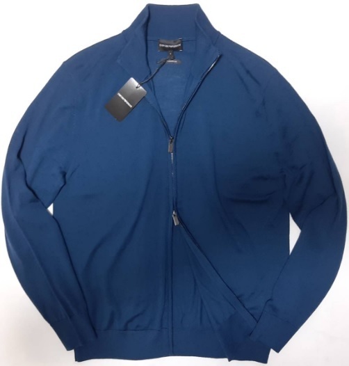 [新品]EMPORIO ARMANI　バージンウール100％の【メンズ・ニットブルゾン(ジャケット)】◆2023年春夏モデル　サイズ：XL(52相当)　◆色：青