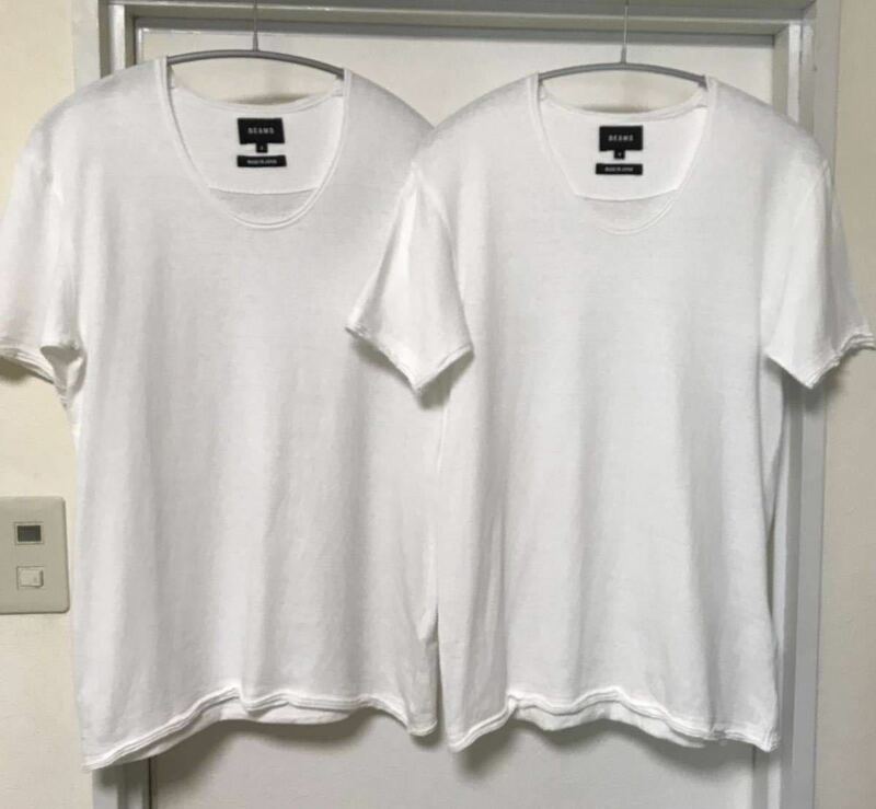 ◆【美品】BEAMS ビームス / カットオフ天竺UネックショートスリーブTシャツWHITE S size二枚セット