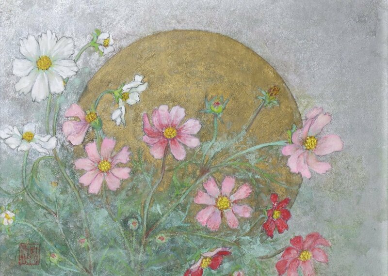 日本画「コスモス」4号相当 額装品 作者不明 / 花の絵 自然画 静物画