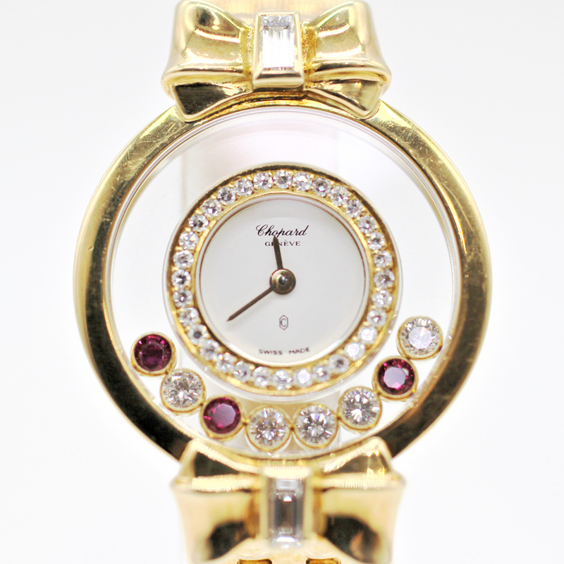 【ショパール】 腕時計　ハッピーダイヤモンド　リボン　K18YG　ルビー　ダイヤ　ダイヤベゼル　ホワイト　クォーツ　中古品