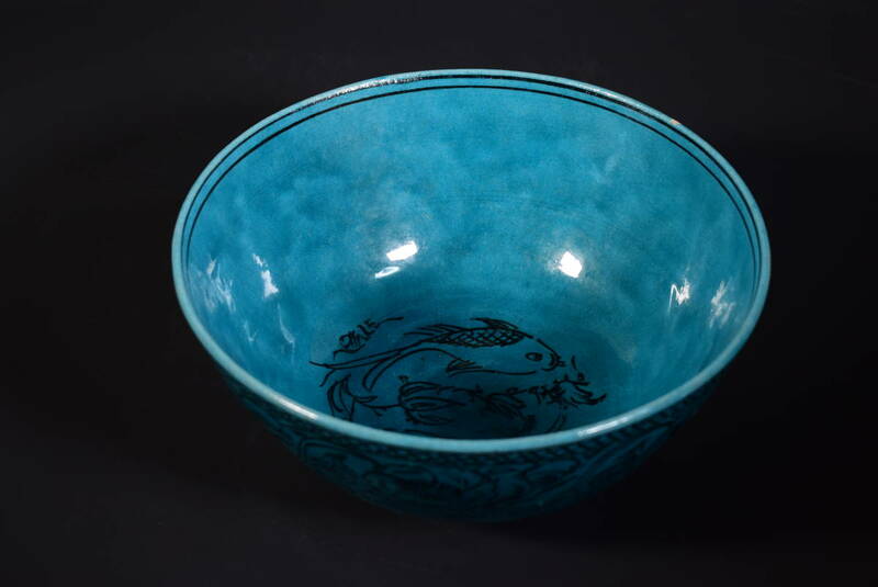 【和】(7425)　時代古作　ペルシャ鉢　菓子器　青釉　ペルシャブルー