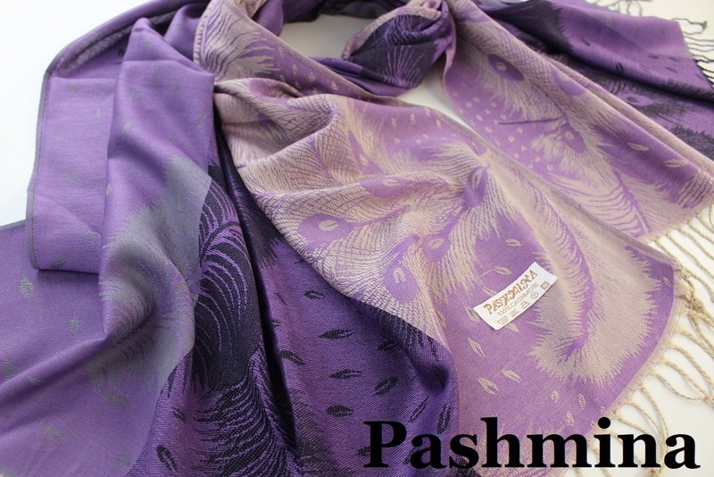 新品【Pashmina パシュミナ】孔雀 フェザー柄ミックス 大判 中薄手 ストール パープル系 Cashmere カシミア100%