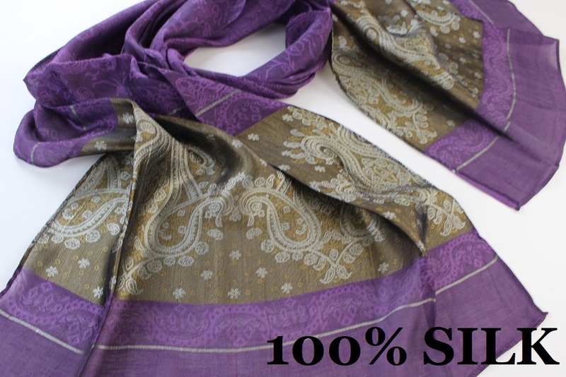 新品【SILK シルク100%】華 ペイズリー柄 薄手 スカーフ/ストール ダークパープル系 ゴールド ホワイト