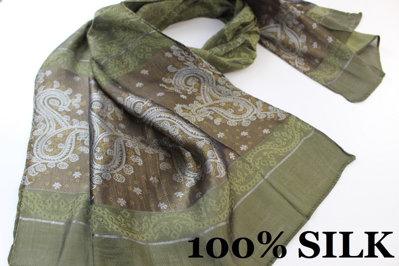 新品【SILK シルク100%】華 ペイズリー柄 薄手 スカーフ/ストール カーキグリーン系 ゴールド ホワイト