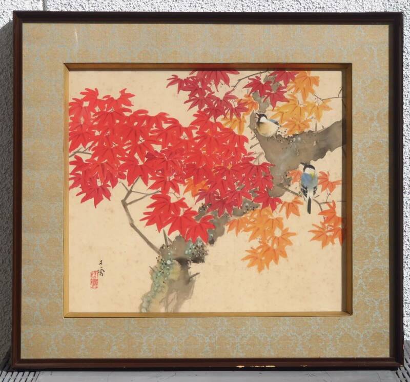 アート作品【 紅葉 / 日本画家 林文塘 】工芸画 風景画 美術品 芸術品 模写 骨董品 古美術品 作家 在銘 油彩？印刷？ 横70.3×縦64