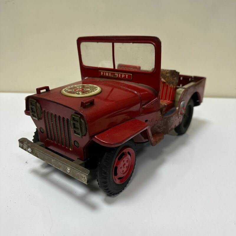 A178 昭和レトロ　当時物　ブリキ　玩具　オモチャ　JEEP ジープ 赤　消防　車