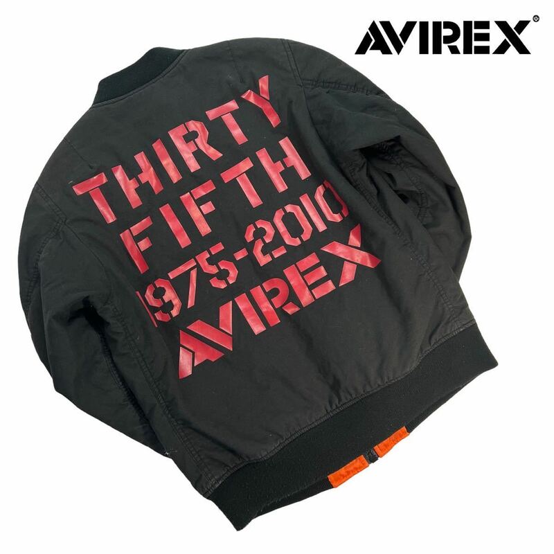 人気 AVIREX アヴィレックス MA-1 35周年記念モデル フライトジャケット サイズM コットン 毛羽立ち.毛玉.スレ.プリントベタつき有 A2886