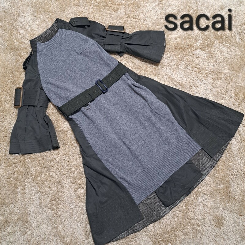 大人気　Sacai サカイ 16-02686 ニット切替 トレンチワンピース 七分袖 ワンピース グレー カーキ トレンチコート ロングワンピース