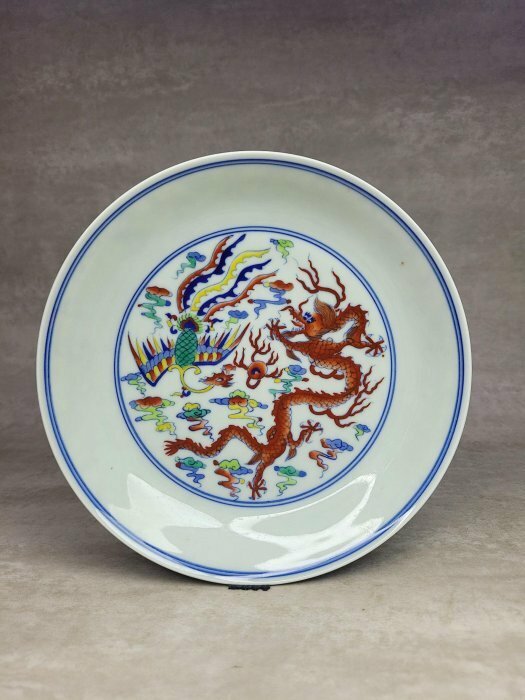 中国 唐物 古瓷 時代物 清代雍正年製款 青花五彩龍鳳紋盤