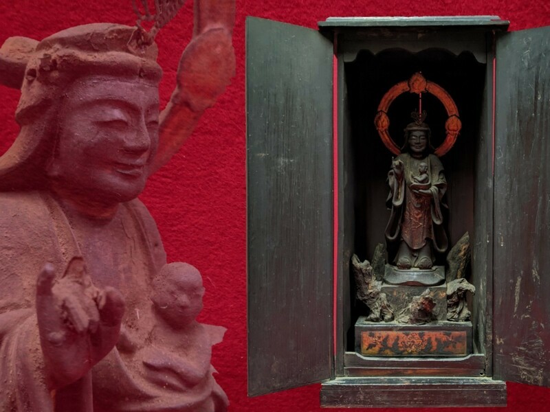 仏教美術 時代 木彫彩色 鬼子母神 立像 訶梨帝母天 厨子高47cm 像高39cm 