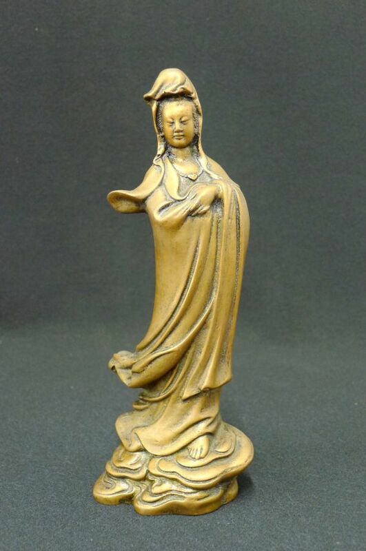 W794 ブロンズ観音像 慈悲の女神 銅製観音菩薩立像 准胝仏母 慈母 置物 仏教美術 彫像 オブジェ 重さ約1406g/60