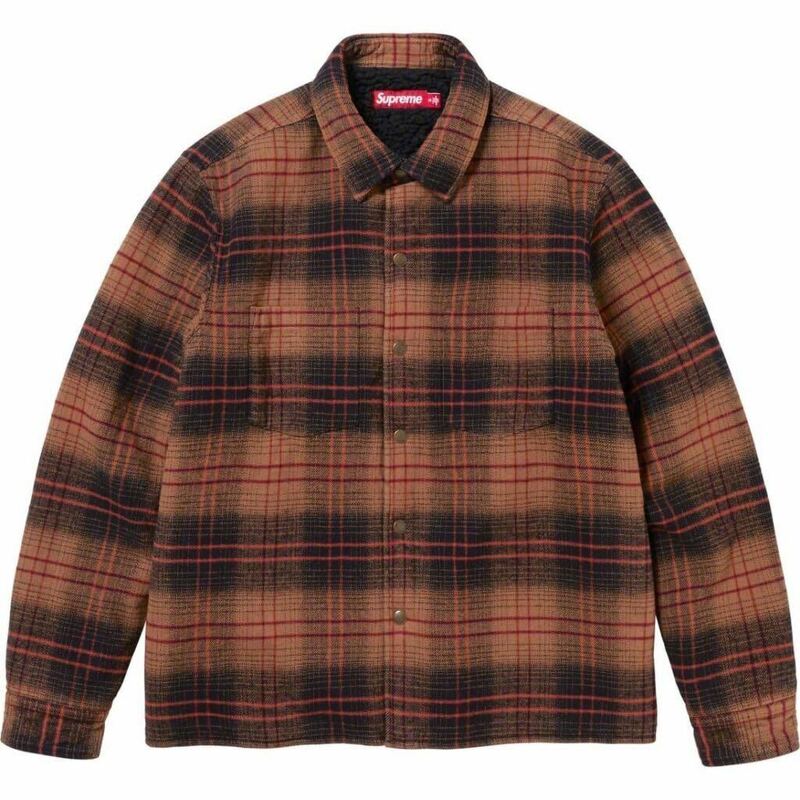 送料無料 S 黒 茶 Supreme Lined Flannel Snap Shirt Black シュプリーム ボア フランネル ネルシャツ スナップシャツ ブラウン 23FW 新品