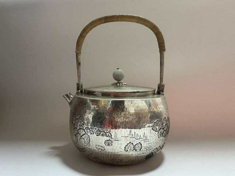 時代 純銀製 萬千山水図 湯沸 工芸品 古美術品 銀瓶 煎茶道具