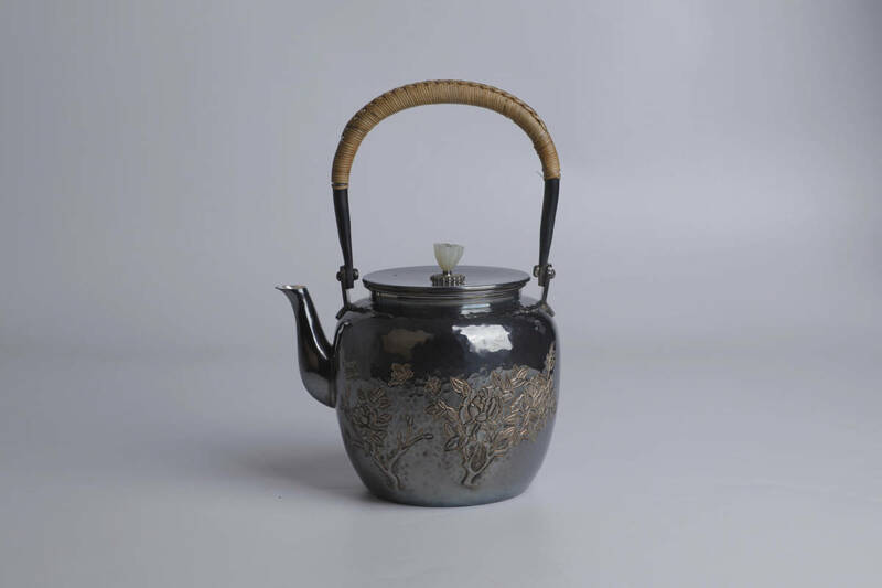 純銀保証 中川浄益造 梅蘭竹菊彫 玉石 湯沸 銀瓶 時代物 古美術品 煎茶道具