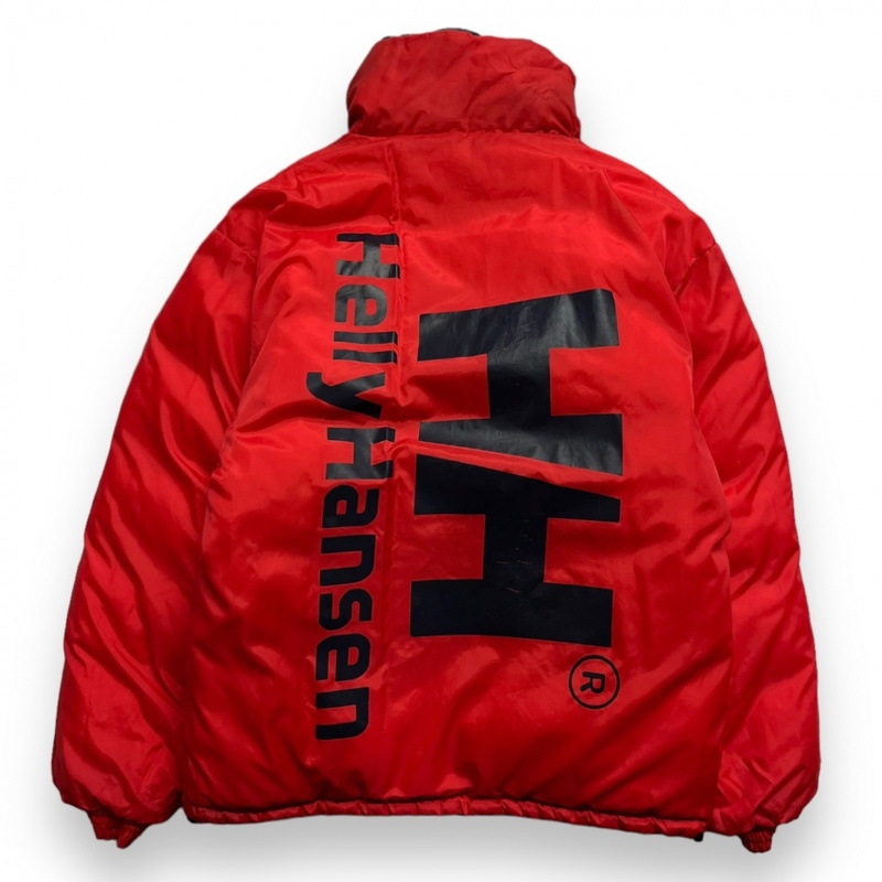 90s HELLY HANSEN ヘリーハンセン 2way リバーシブル ナイロン 肉厚 ダウン ジャケット 刺繍 プリント アウター 古着 M ネイビー×レッド