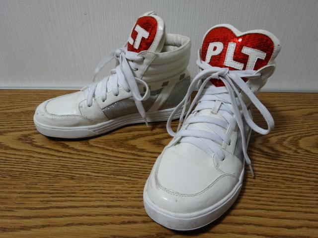 ●● PLT Pinklatte 1回使用訳 ★ハート型スパンコール 白 ホワイト ハイカット スニーカー レザー ショートブーツ 靴 24.0cm 37 Lサイズ