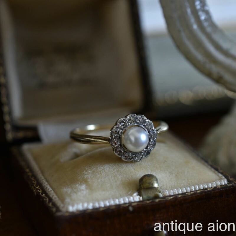 英国アンティーク 1910年 エドワーディアン 18金 プラチナ アコヤ真珠 天然ダイヤモンド クラスターデイジーリング 15号