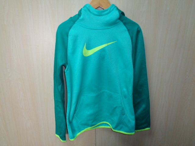 b281◆NIKE フーディー プルオーバー◆ナイキ L レディース ドライフィット ジャージ 裏フリース ポリ 水色×緑色 サムホール パーカー5K