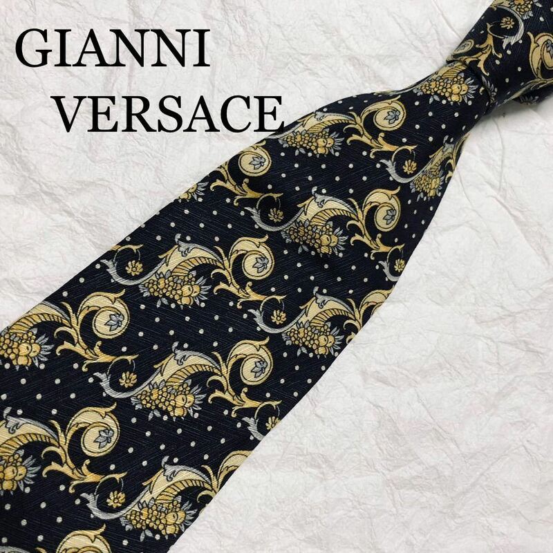 ■美品■GIANNI VERSACE ジャンニ　ヴェルサーチ　ネクタイ　金銀細工　植物　ドット　総柄　シルク100% イタリア製　ブラック