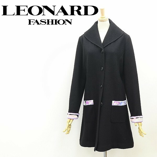 美品◆LEONARD レオナール 花柄使い ショールカラー ウール コート 黒 ブラック 40