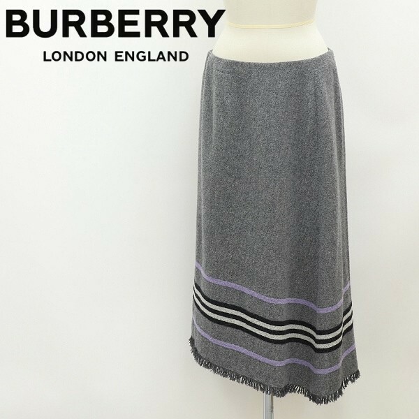 国内正規品◆BURBERRY LONDON バーバリー ロンドン アンゴラ混 ウール アシンメトリー フリンジ ロング スカート グレー 42