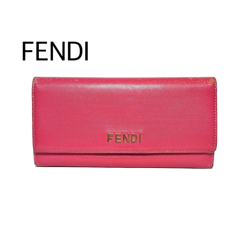 【送料無料】FENDI フェンディ 長財布 フロントロゴ ロングウォレット 財布 ホック式 ピンク コーラルピンク レザー 