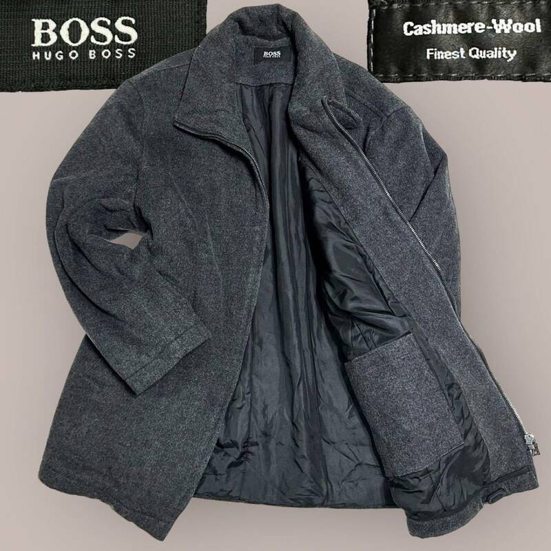 ☆カシミヤ混☆HUGO BOSS ヒューゴボス 黒タグ コート ブルゾン コート アウター 50サイズ グレー 灰 ジップアップ フルジップ ビジネス