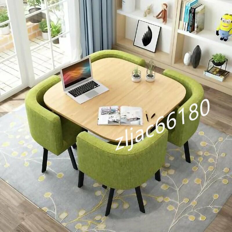 応接セット 4人掛け 5点 打ち合わせテーブル オフィステーブル 木製 コンパクト 室内（幅80cm ナチュラル+グリーン）