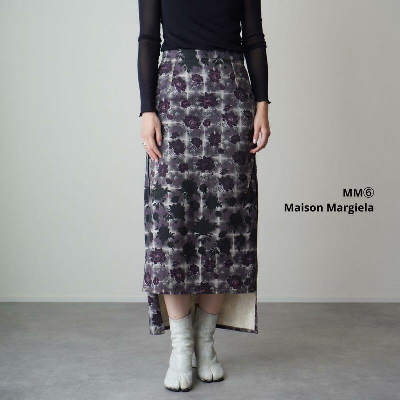 極美品 MM6 MaisonMargiela ロングスカート アシンメトリー 薔薇 チェック柄 裾スリット Aライン 花柄プリント ペンシルスカート