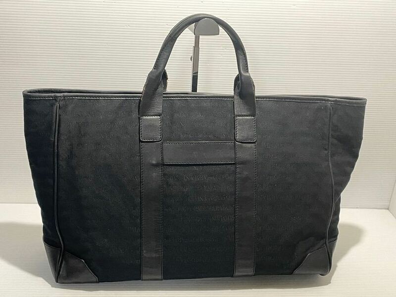 AA015■ EMPORIO ARMANI エンボリオアルマーニトートバッグ レザーxロゴ総柄ナイロン 黒 大きめトート ミニボストンバッグ イタリア製