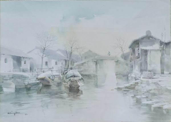 何強華 「水路」水彩 画寸約52×37cm 中国人画家 海水彩画研究会会員（1024