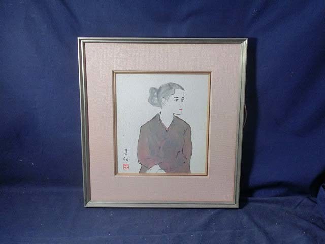 492665 水彩 大沢昌助 作 仮題「美女」（色紙）画家・人物画・二科会会員・女性