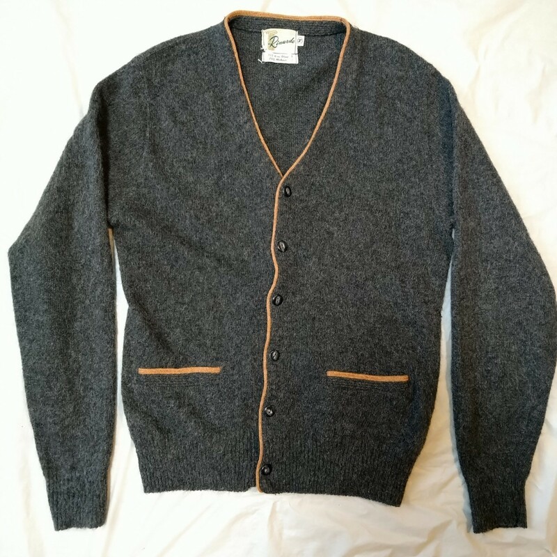 60s ヴィンテージ モヘア カーディガン ウール ポケット付き 毛足 M BARCLAY KNITTING CO Rinardo ダークグレー オレンジ パイピング