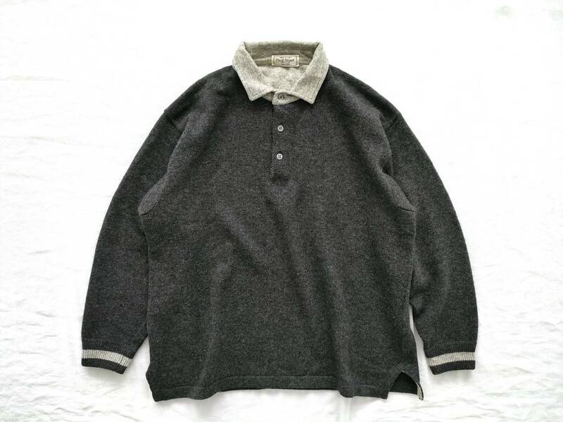希少 80s90s Paul Stuart 2トン◎ イタリア製 ニットポロ ラガーシャツ ウール100% グレー チャコール シャツ Black Euro Vintage 60s70s