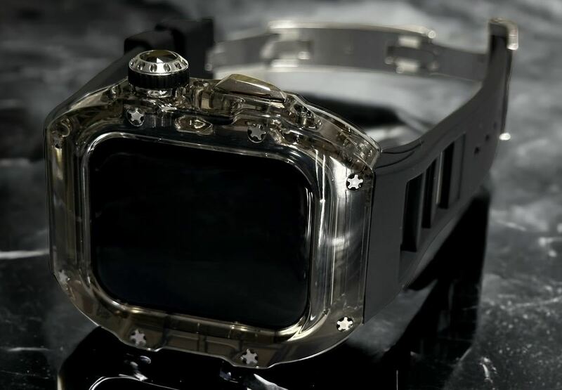 クリアブラック&ブラックシルバー★アップルウォッチバンド ラバーベルト カバー Apple Watch クリア ケース 44mm 45mm series9.8.7.6.5.4