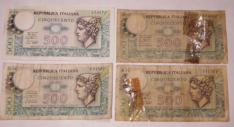 イタリア 500リラ 紙幣　4枚 伊500 LIRE　メルクリウス　マーキュリー　旧紙幣