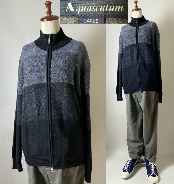 ★【上品 国内正規品】名作 Aquascutum アクアスキュータム レーヨン ナイロン ウール フルジップ ニット カーディガン L ブラック×グレー