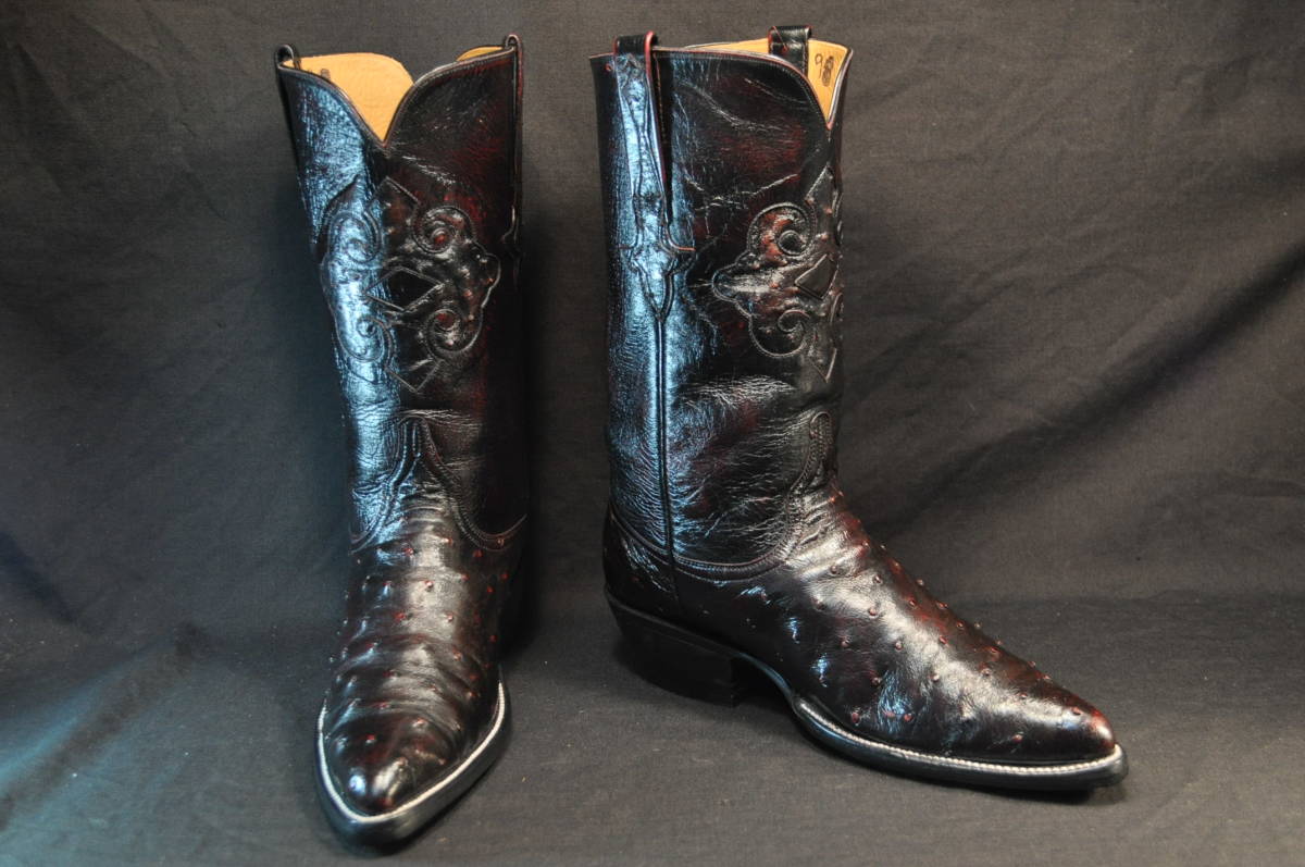 7　新品同様　ルケーシー　ウエスタンブーツ　オーストリッチ　黒赤　BLACK CHERRY　9D