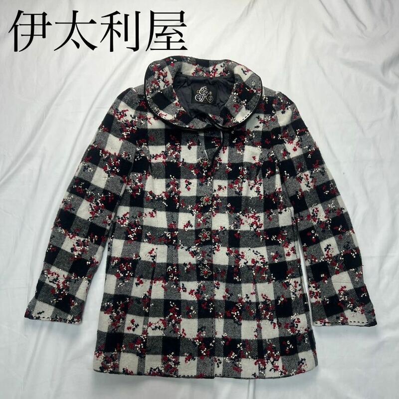 伊太利屋 イタリヤ コート チェック 白黒 刺繍 13サイズ 