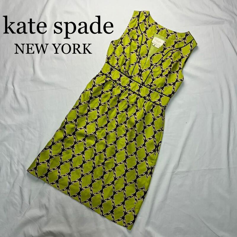 kate spade NEW YORK ケイトスペードニューヨーク ワンピース ノースリーブ 総柄 グリーン 2サイズ ひざ丈