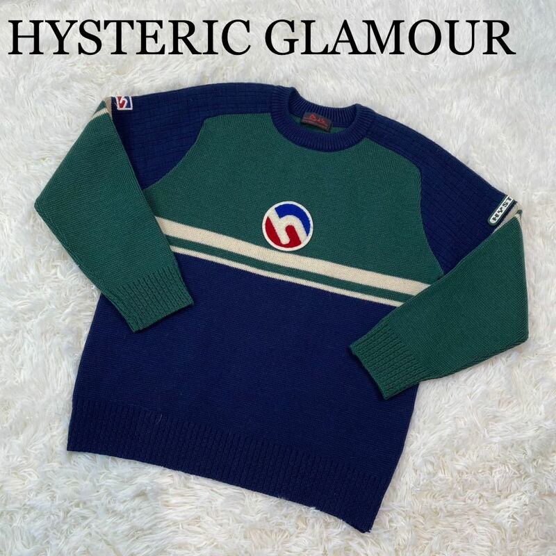 HYSTERIC GLAMOUR ヒステリックグラマー セーター ニット ロゴ トップス 長袖 グリーン×ネイビー フリーサイズ